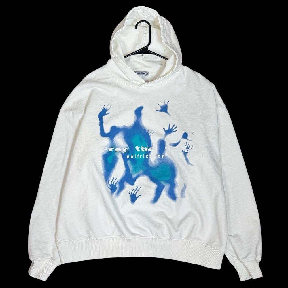 Aelfric Eden Pray The Lord Hoodie Mens L White Blue Graphic Oversized Sweatshirt